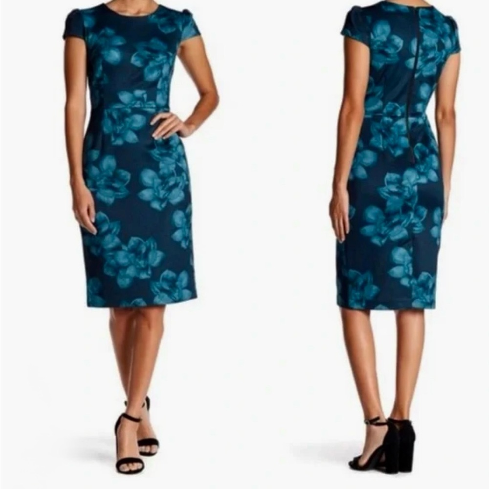 Betsey Johnson Blue Sheath Midi Dress Cap Sleeve Crew Neck